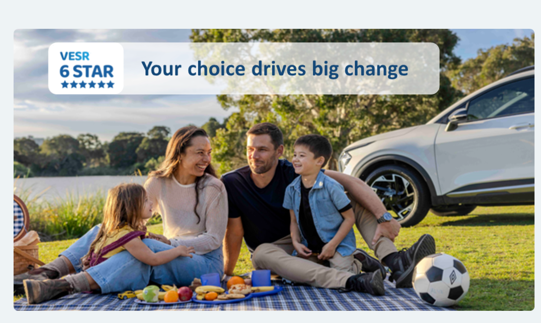 Your choice drives big change. VESR 6 star. Family picnic near a lake with their EV behind them.