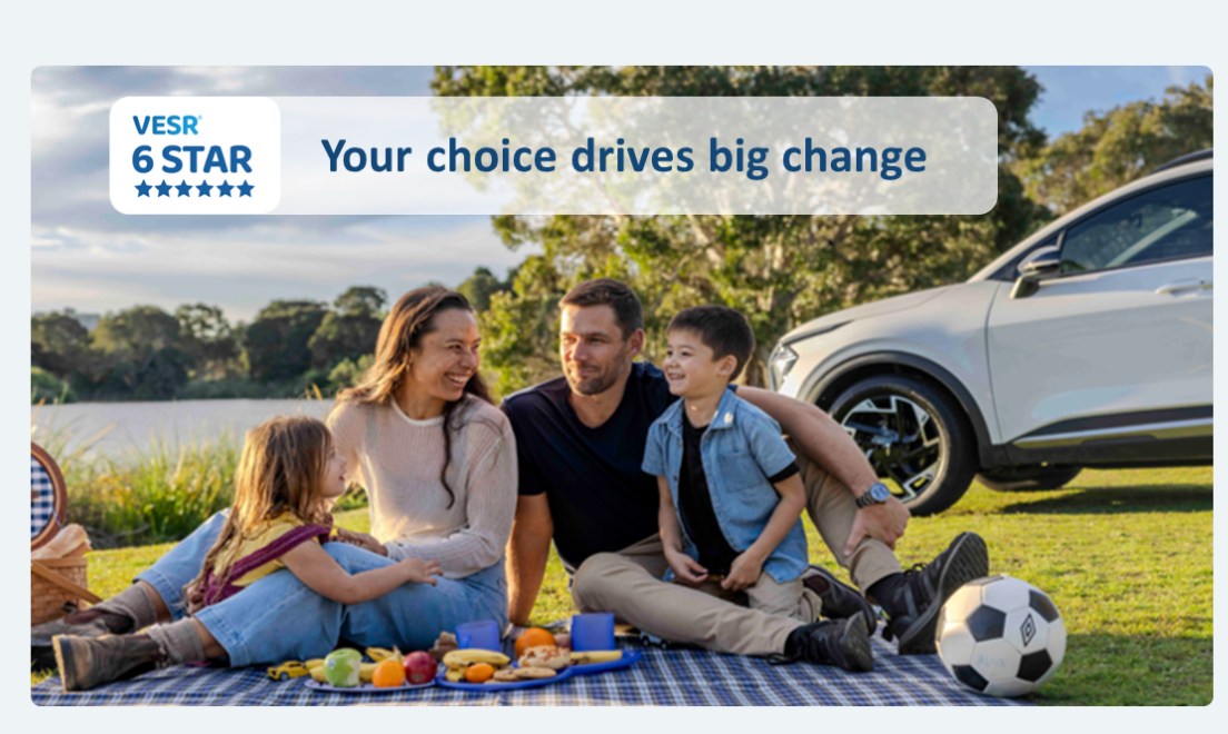 Family having a picnic in front of car. Text that says your choice drives big change